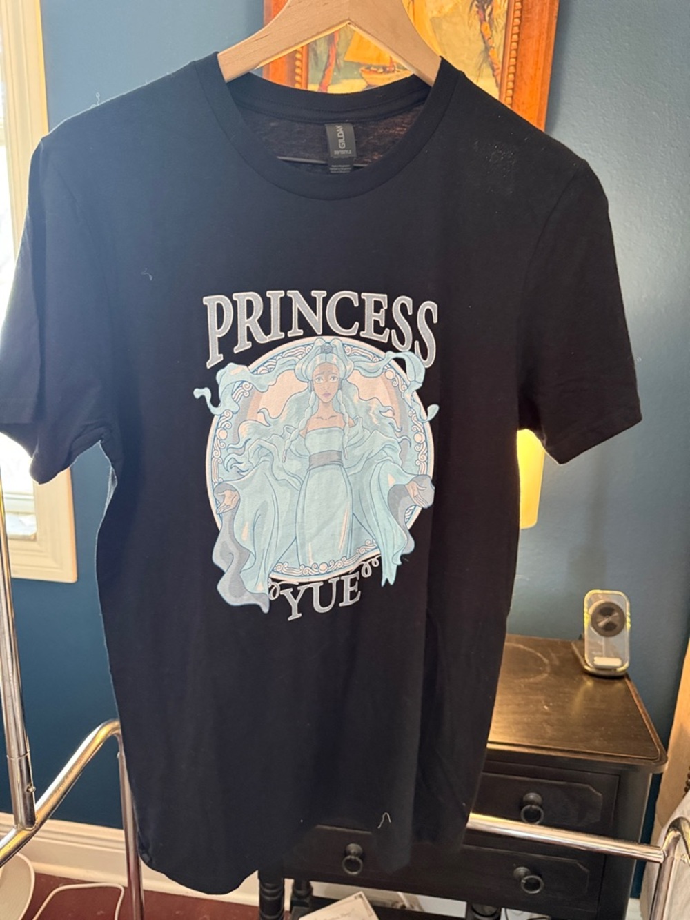 Gildan Black 'Princess YUE' Graphic Tee with Pastel Blue Illustration